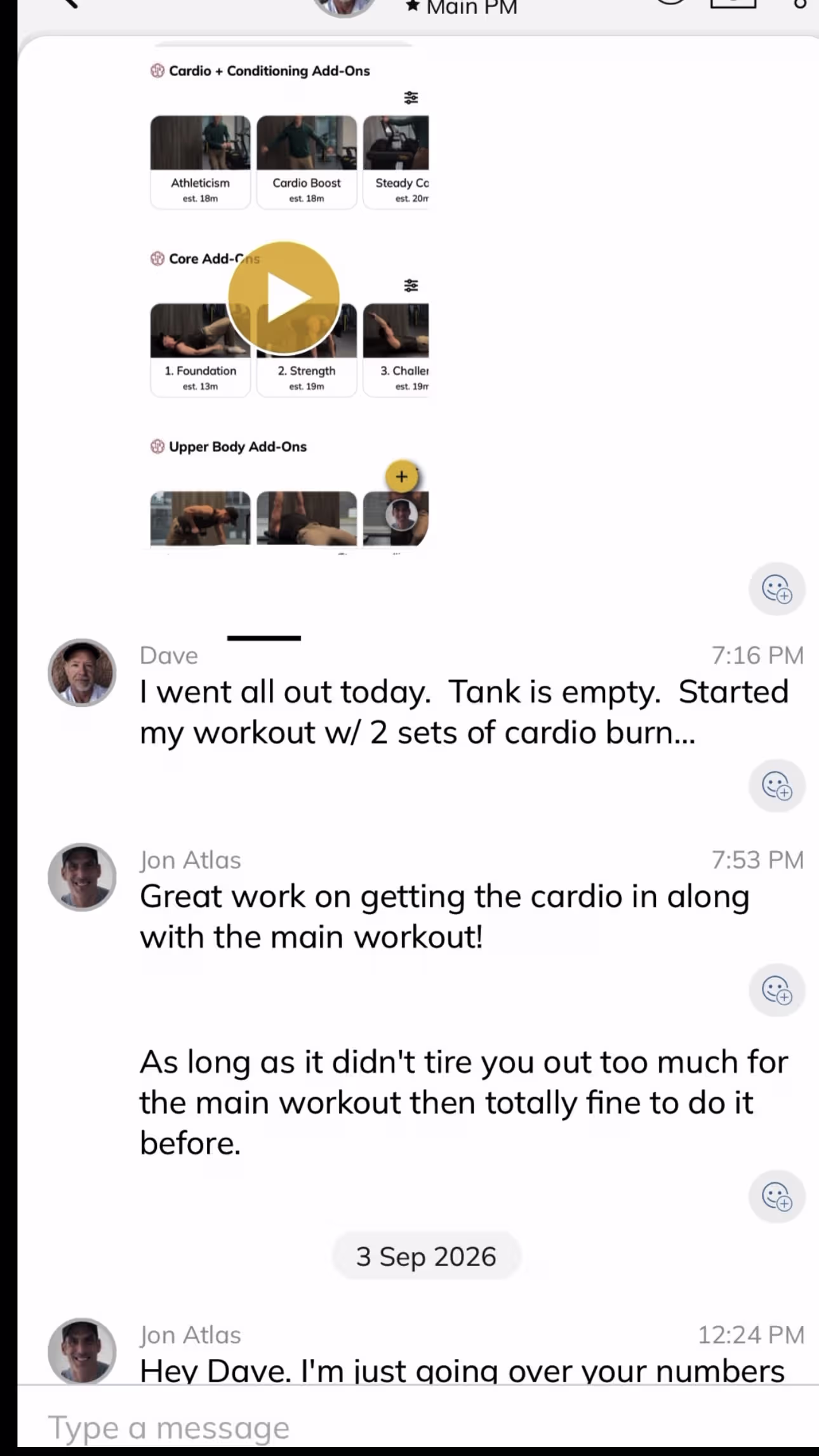 Real Strong Again coaching conversation between Jon Atlas and a client
