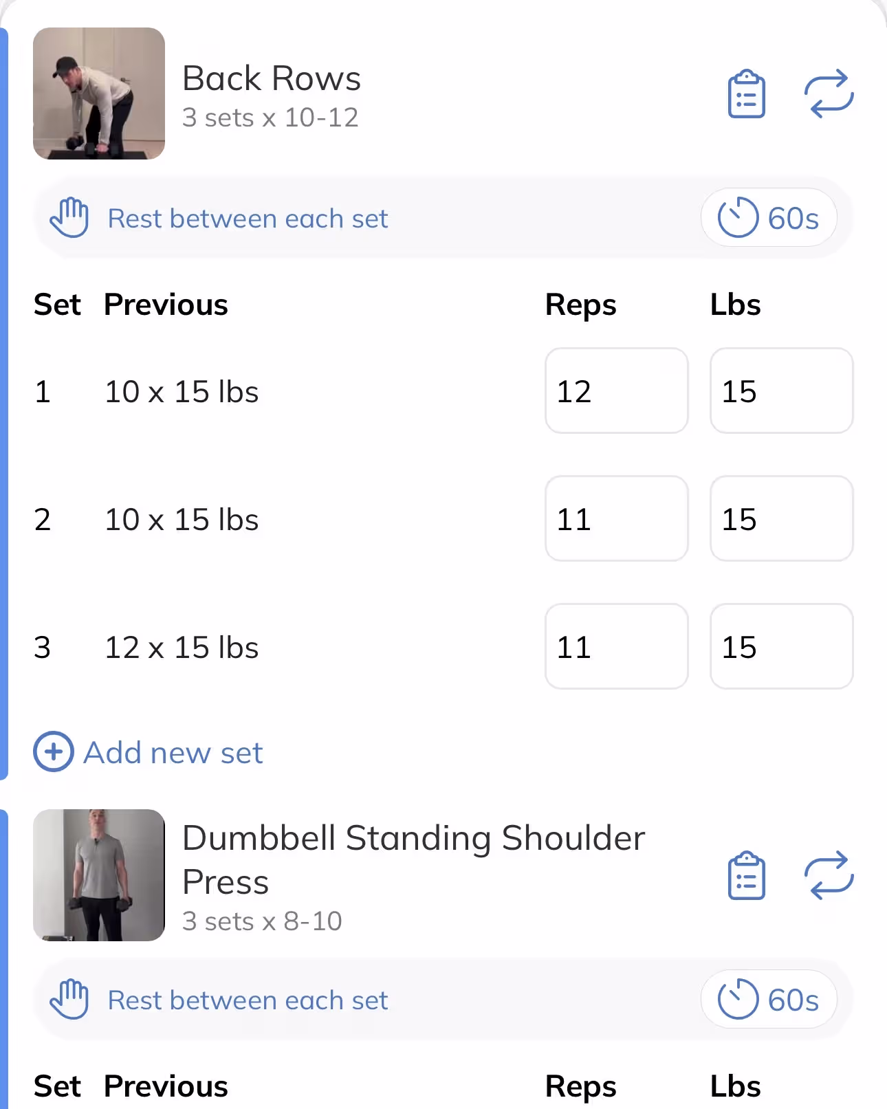 Strong Again workout showing previous and current performance